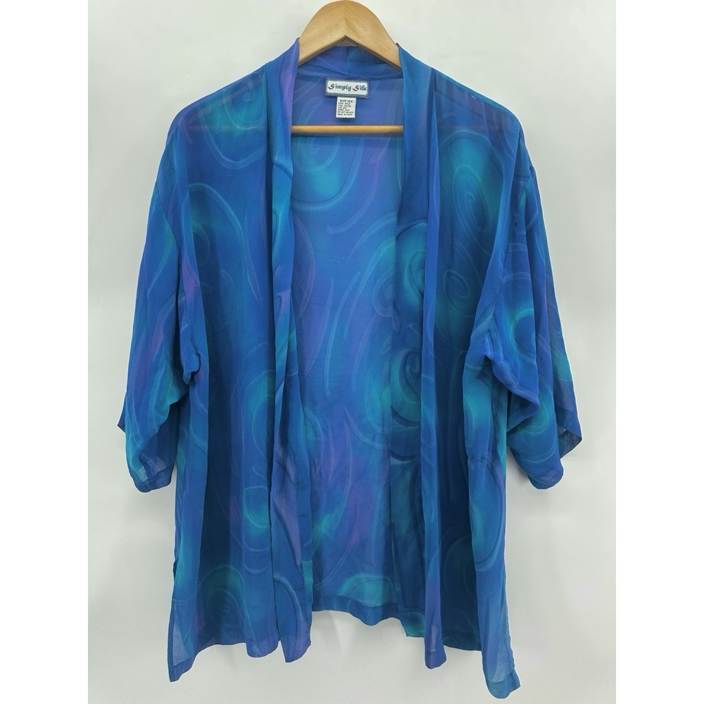 Simply Silk Watercolor Swirl Open Front Kimono Cardigan Purple Blue Light DD22